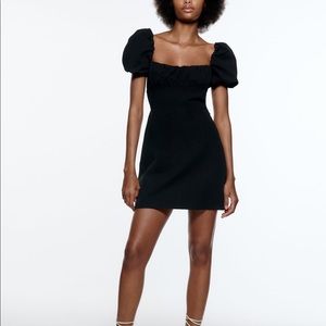 Zara Black Linen Dress With Puff Sleeves and Tie Back